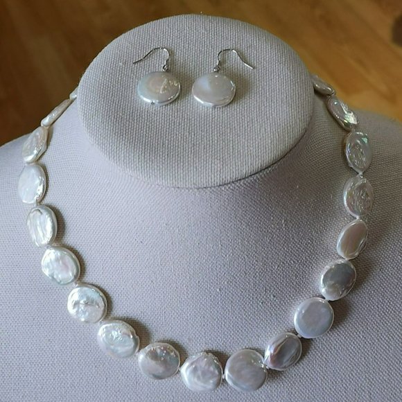 White‎ Coin Cultured Freshwater Pearl Necklace And Earring Set 925S Clasp - Picture 2 of 16